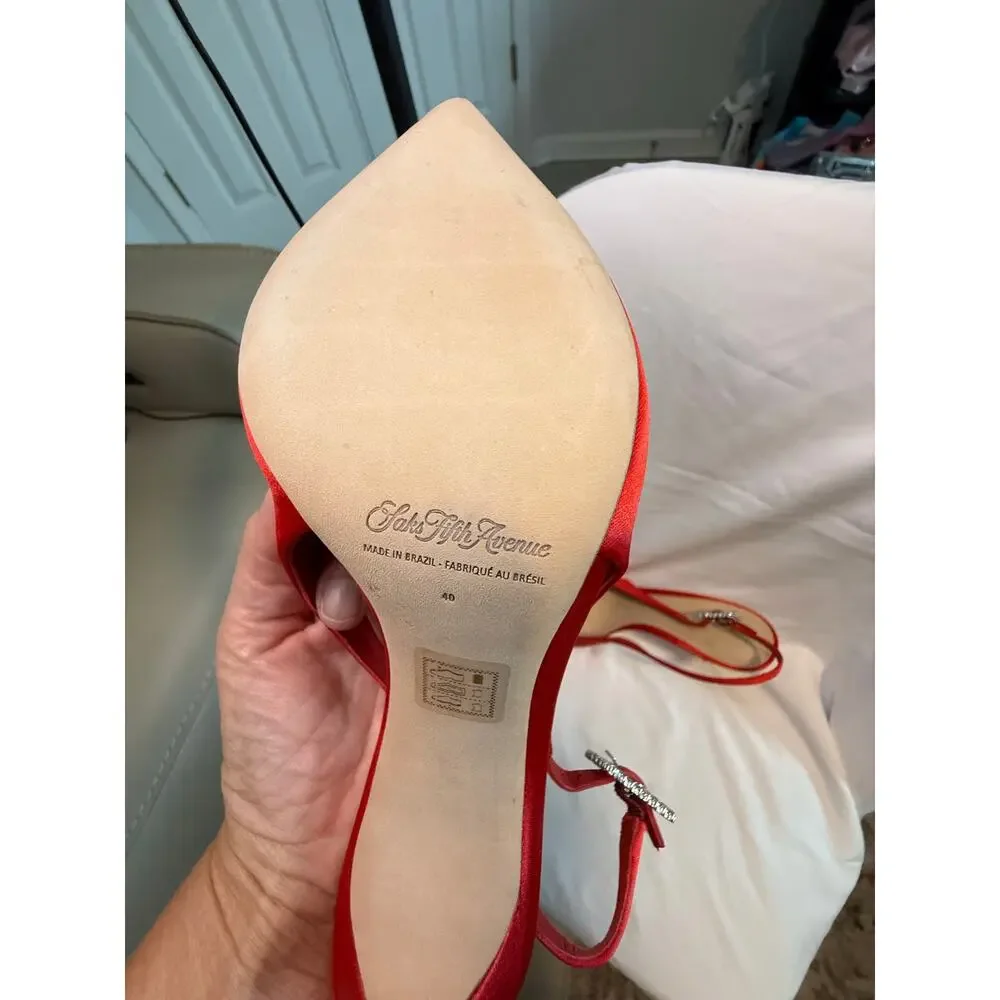 Saks Fifth Avenue Red Satin Crystal Buckle Slingback Pumps Heels Size 40